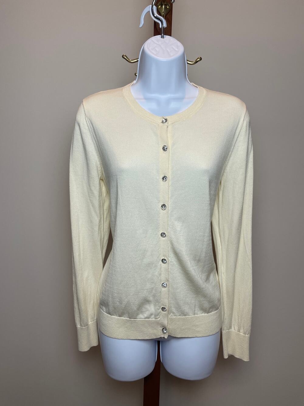 August Silk Womens Cream Cardigan Size L Rhinestone Buttons Cotton Blend